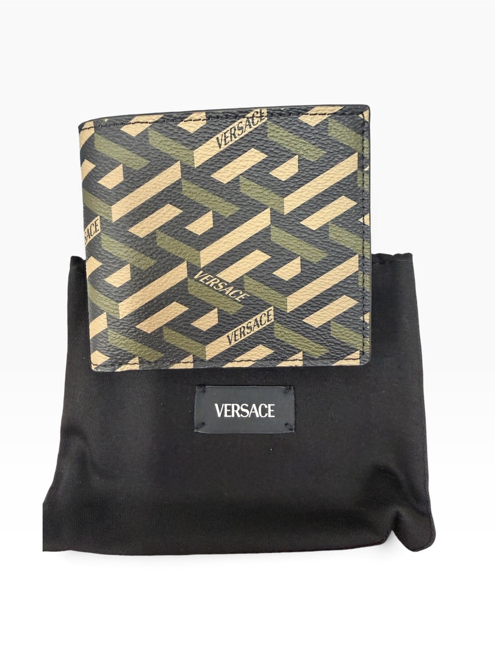 Brand new Versace La Greca Signature Monogram Bifold Wallet in Black/ Khaki